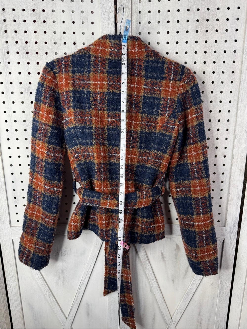 Tabitha Wool Blend Plaid Tie Waist Blazer Jacket Navy Rust Orange Size 6 NWT - Picture 9 of 12